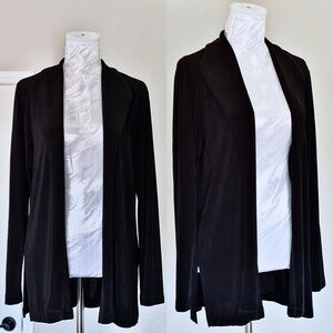 CHICO’S Travelers Collection Black Open Front Long Cardigan with Lapel Collar